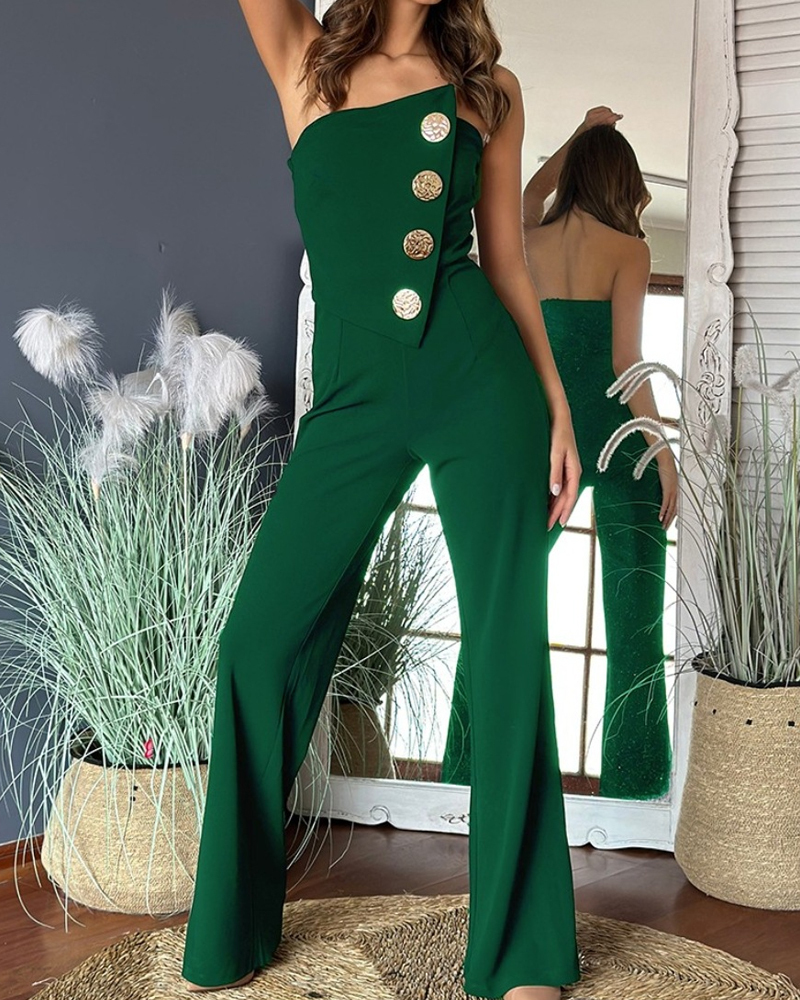 Sexy Tube Top Button-Decorated Flared Jumpsuit