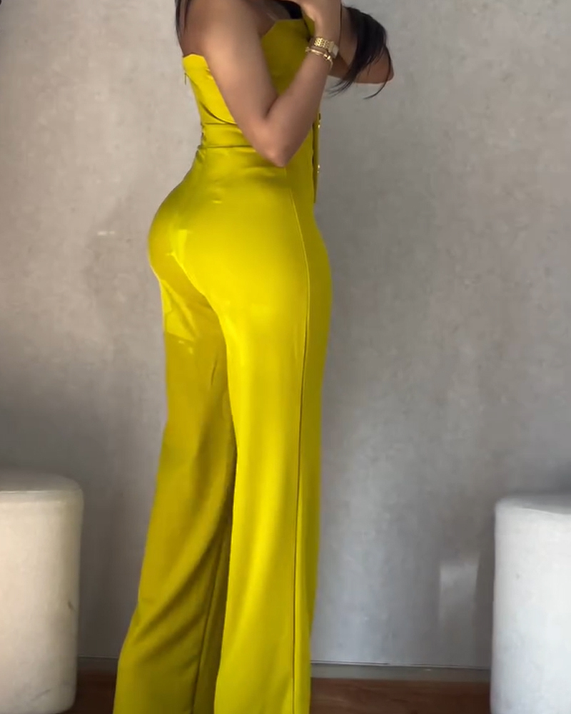 Sexy Tube Top Button-Decorated Flared Jumpsuit