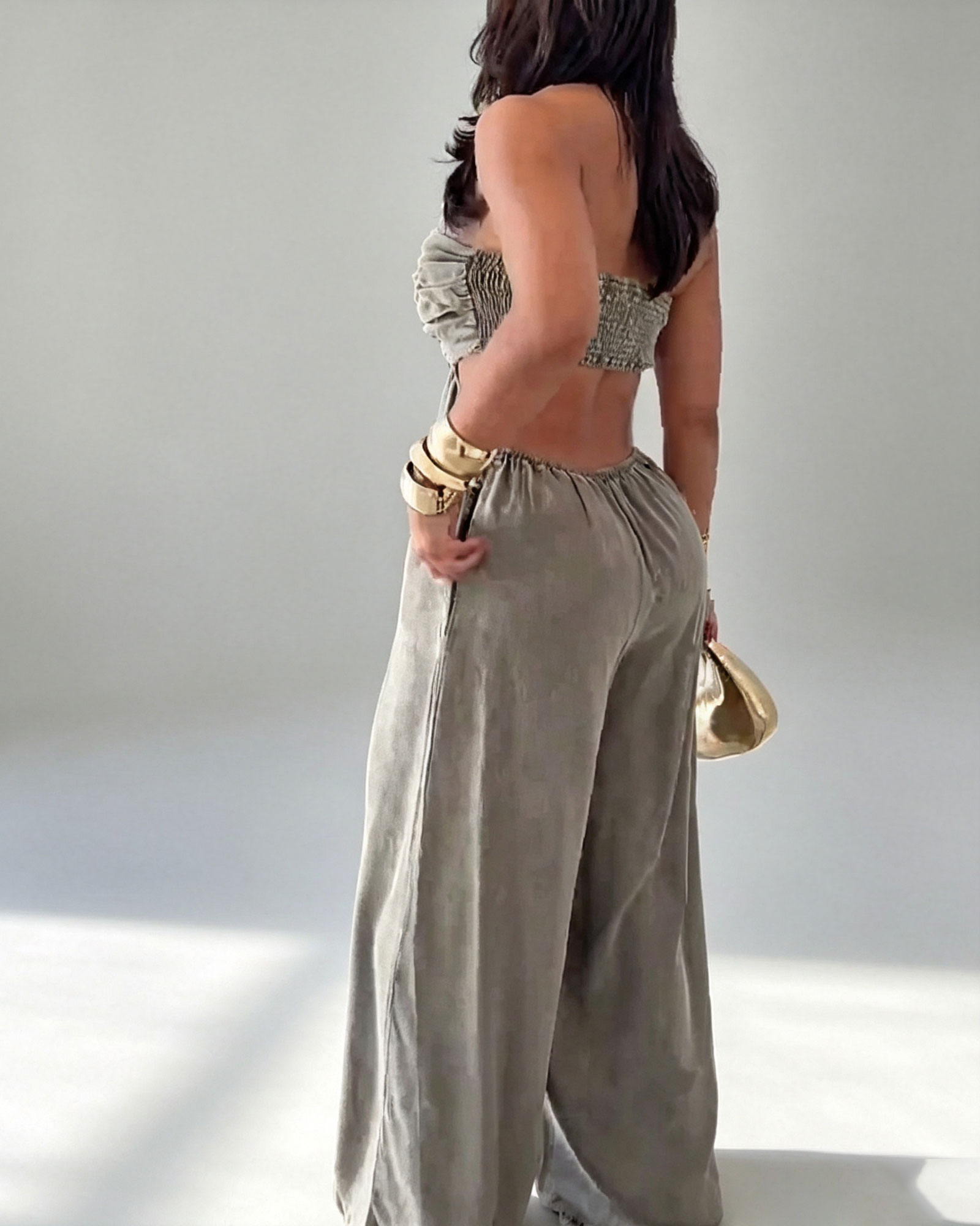 Denim Backless Deep V-Neck Cutout Pleated Wide-Leg Jumpsuit