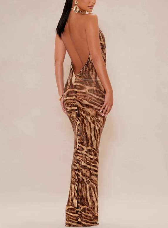 Tiger Print Halter Neck Sequin Open Back Bodycon Maxi Dress