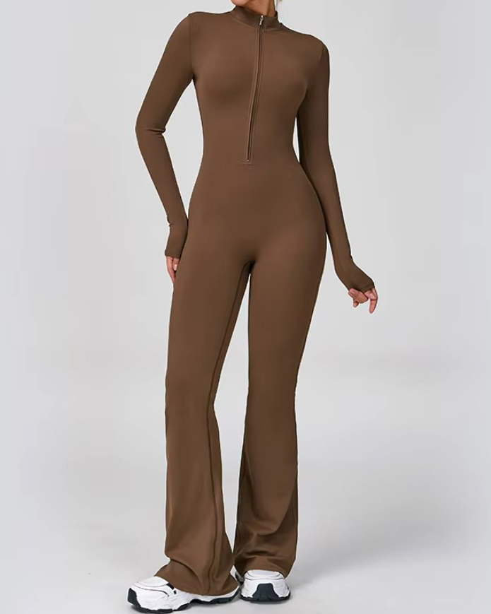 Front Zip Long Sleeve Bodycon Flare Jumpsuit