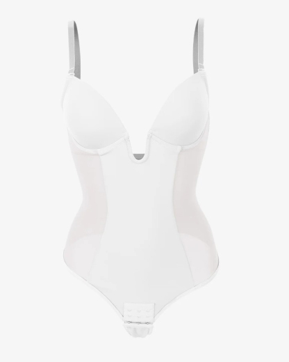 Deep V-Neck Backless Mesh Slimming Thong Bodysuit