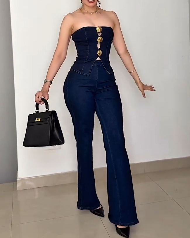 Sleeveless Slim Fit Fashion Denim 2-Piece Set