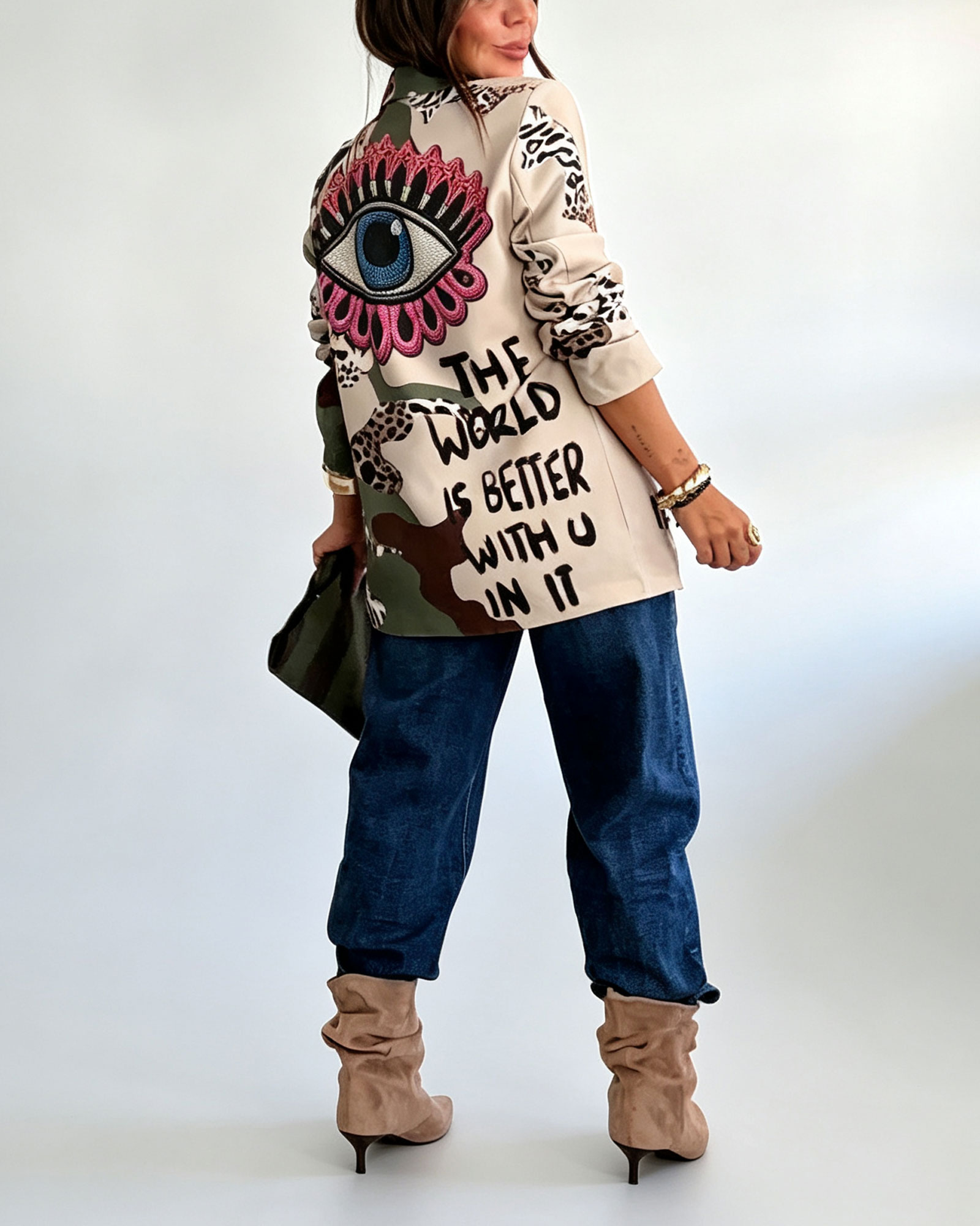 Color Block Asymmetric Blazer With Animal Print And Lapel Collar