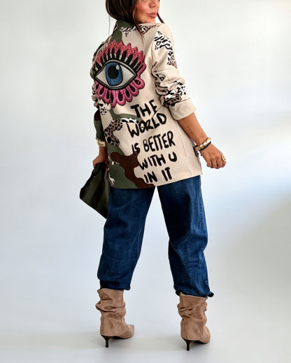 Color Block Asymmetric Blazer With Animal Print And Lapel Collar