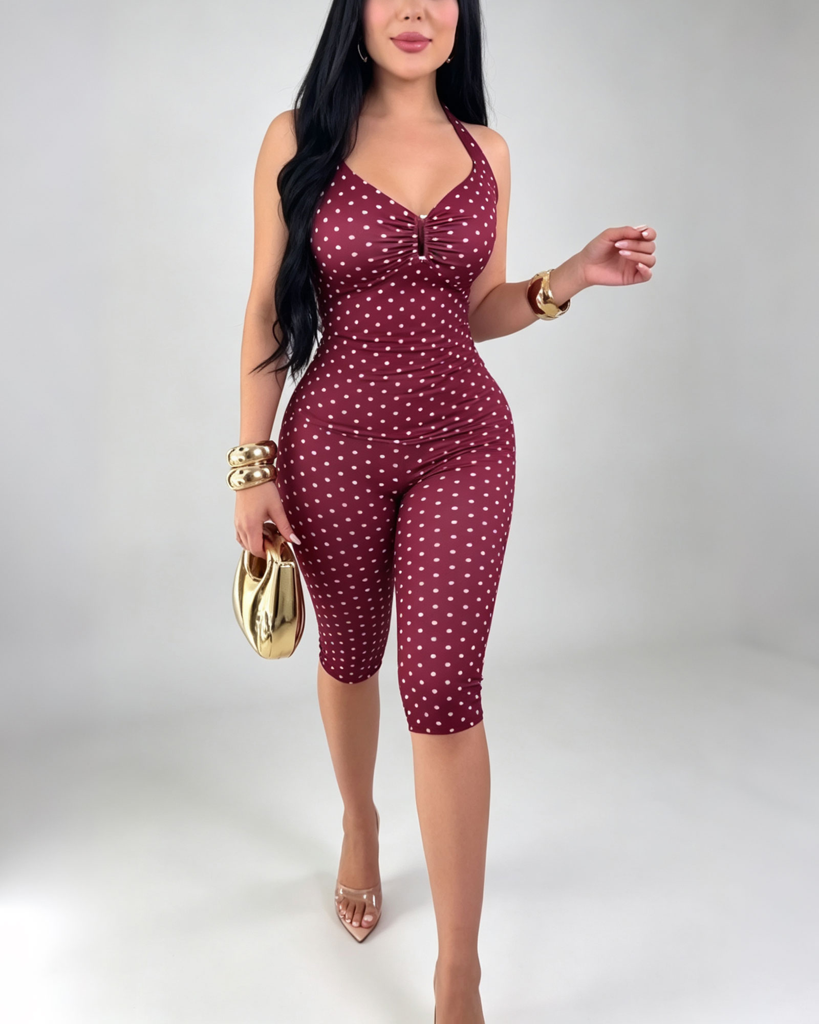 Polka Dot Backless Top And Tight Fitting Capri Pants Set