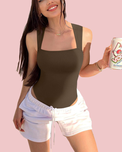 Women's Sexy Ribbed Strappy Square Neck Sleeveless Tummy Control Tank Tops Bodysuits