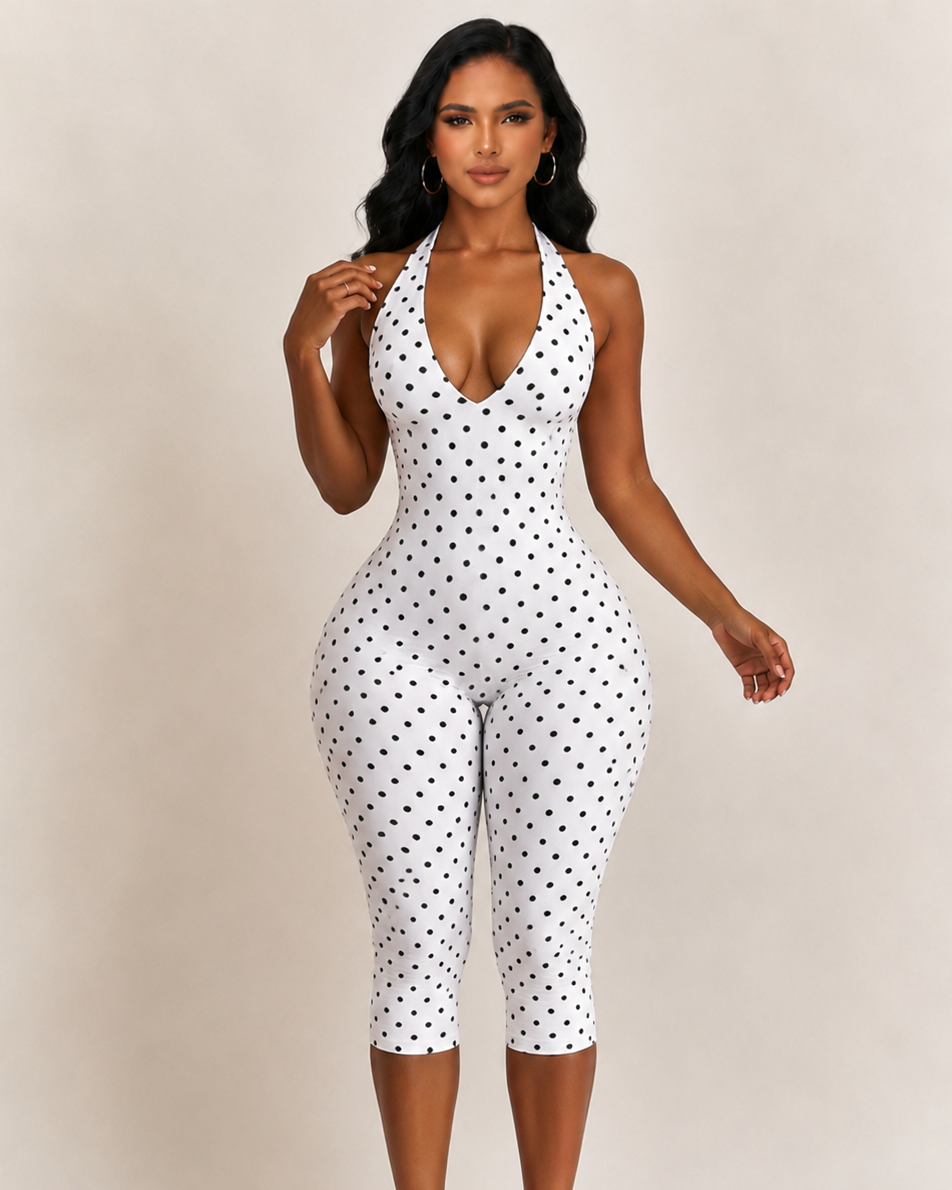 Sexy Halter-Neck Polka Dot Capri Jumpsuit
