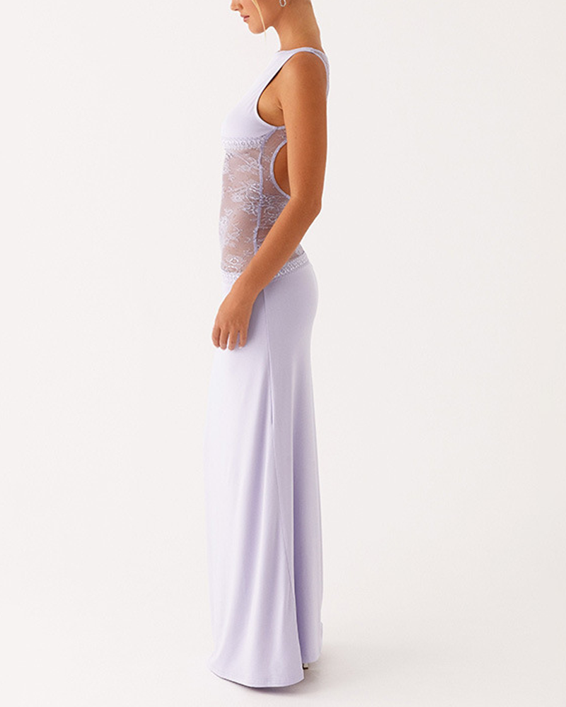 Sexy Slim Lace Satin Patchwork Backless Maxi Dress