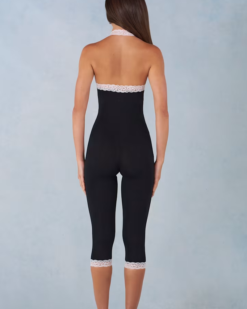 Stylish And Slim-Fit Modal Lace-Trim Capri Jumpsuit In Black（Pre-Sale）