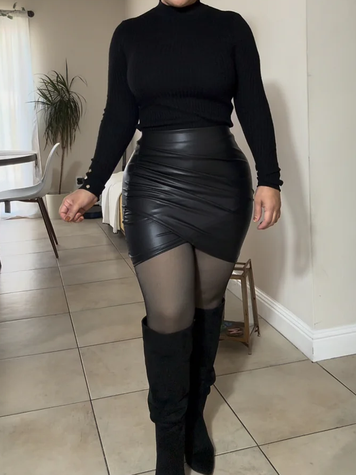 Black Hip Wrap Leather Skirt