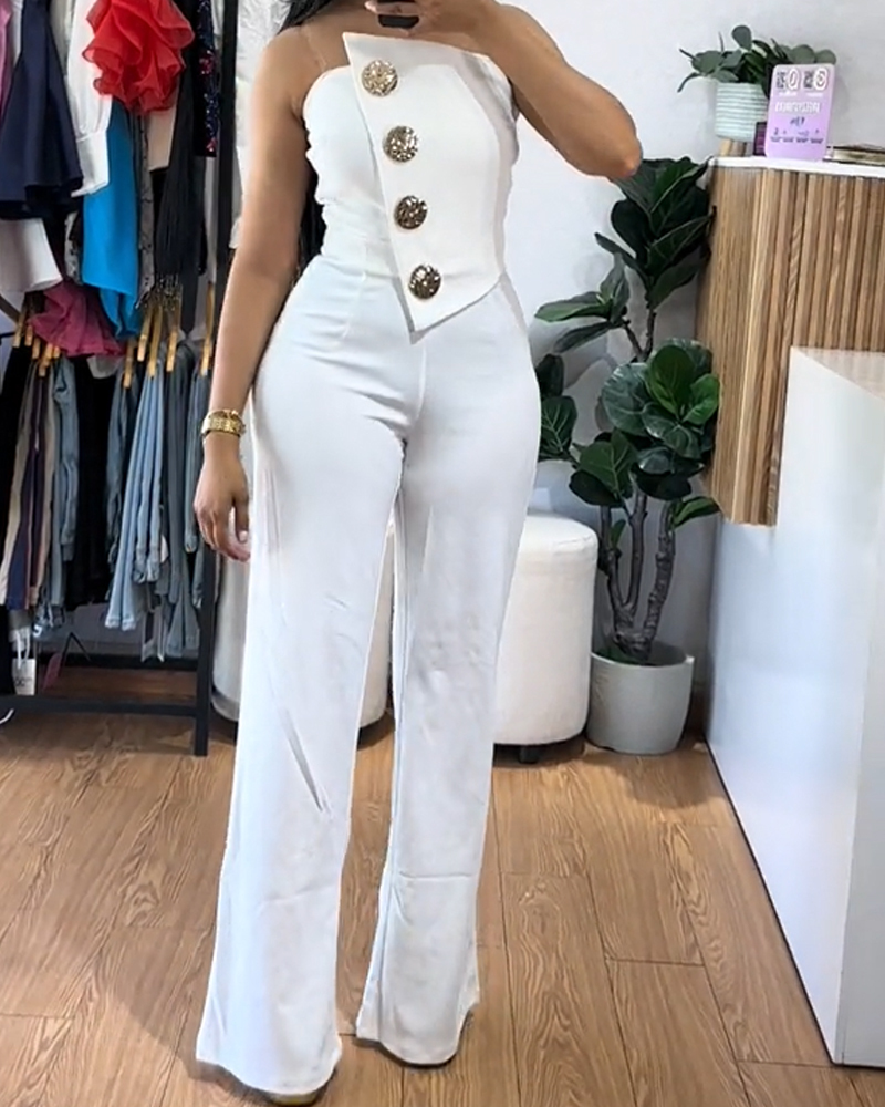 Sexy Tube Top Button-Decorated Flared Jumpsuit