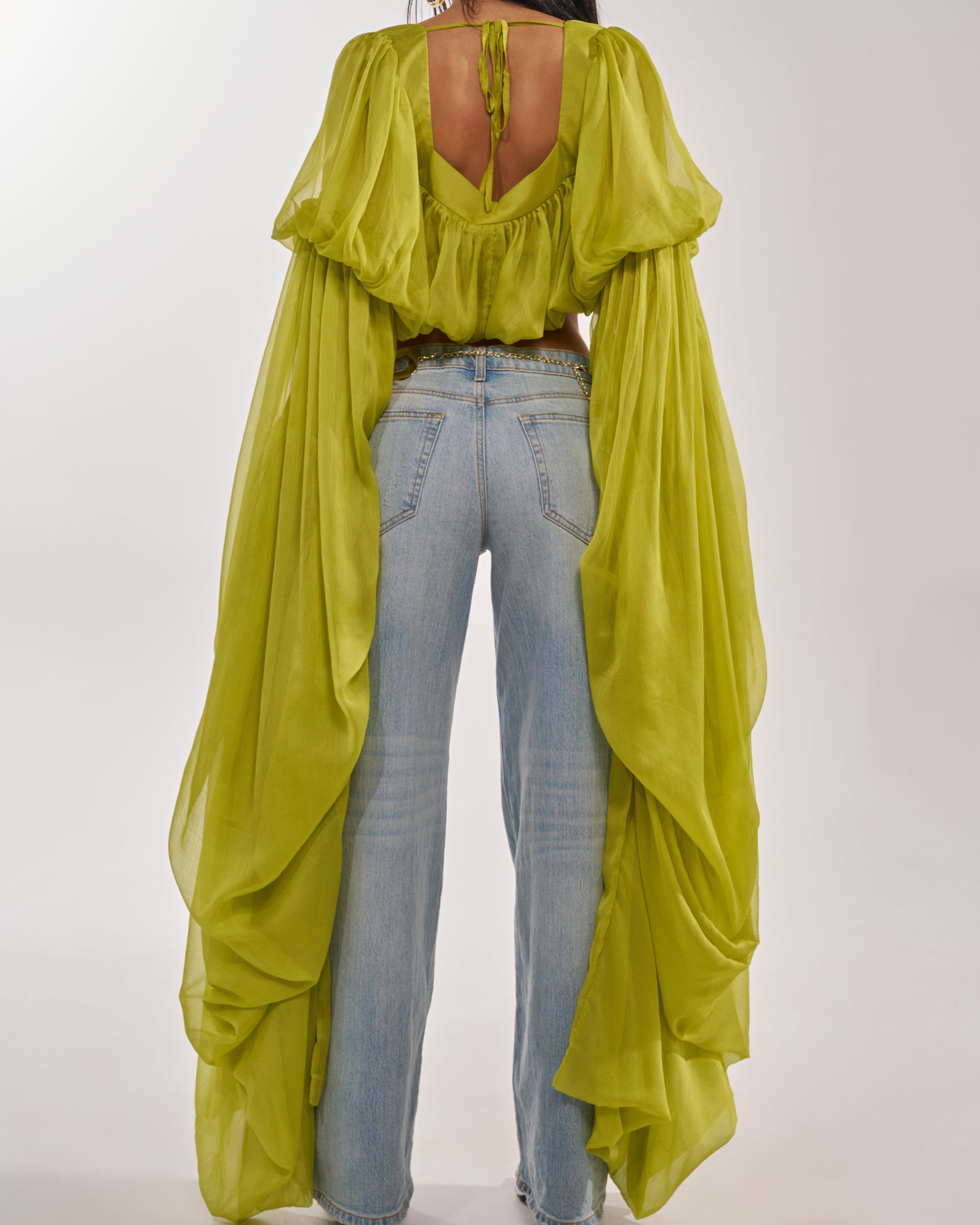 Square Neck Chiffon Ruffled Puff Sleeve Bubble Crop Top