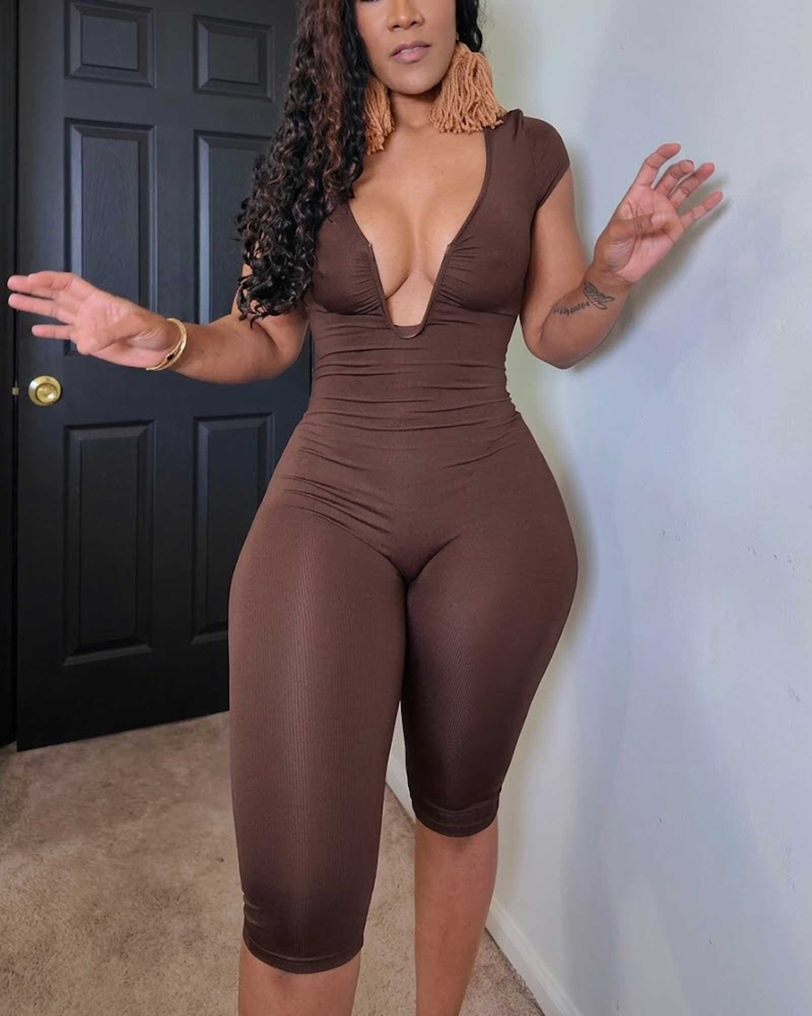 Ribbed Deep V-Neck Short Sleeved Knee Length Slim Fit Jumpsuit