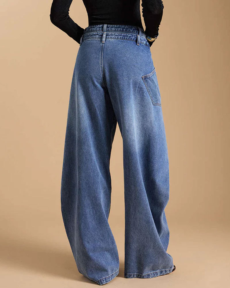 Denim Cross-Front Asymmetric Button Wide-leg Jeans