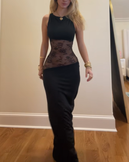 Sexy Slim Lace Satin Patchwork Backless Maxi Dress