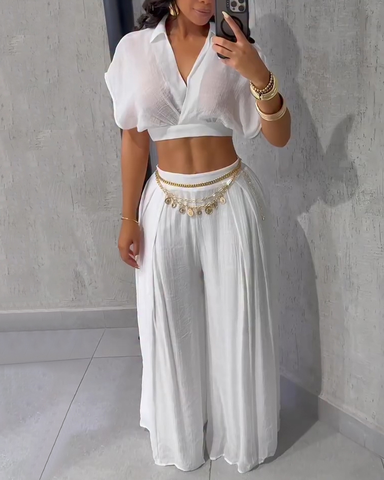 Casual Lapel Cropped Top Wide Leg Pants 2-Piece Set