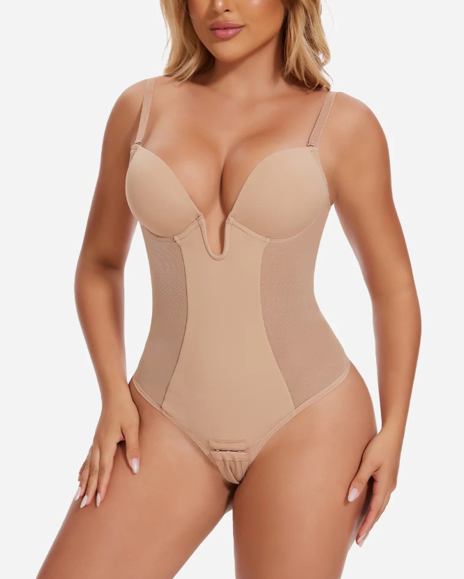 Deep V-Neck Backless Mesh Slimming Thong Bodysuit