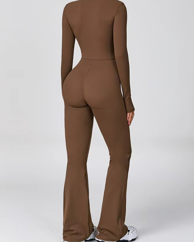 Front Zip Long Sleeve Bodycon Flare Jumpsuit