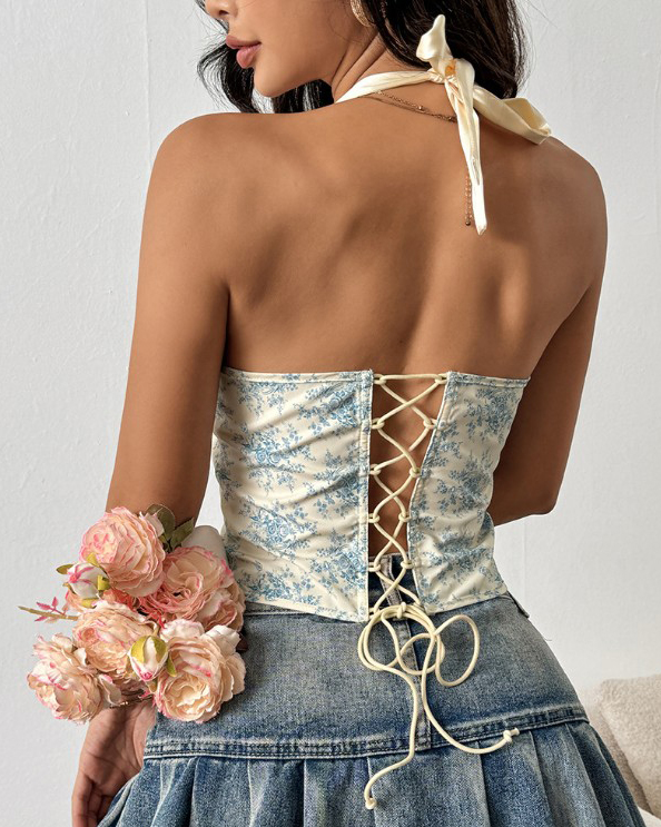Sexy Print Halter Neck Tie Back Corset Top
