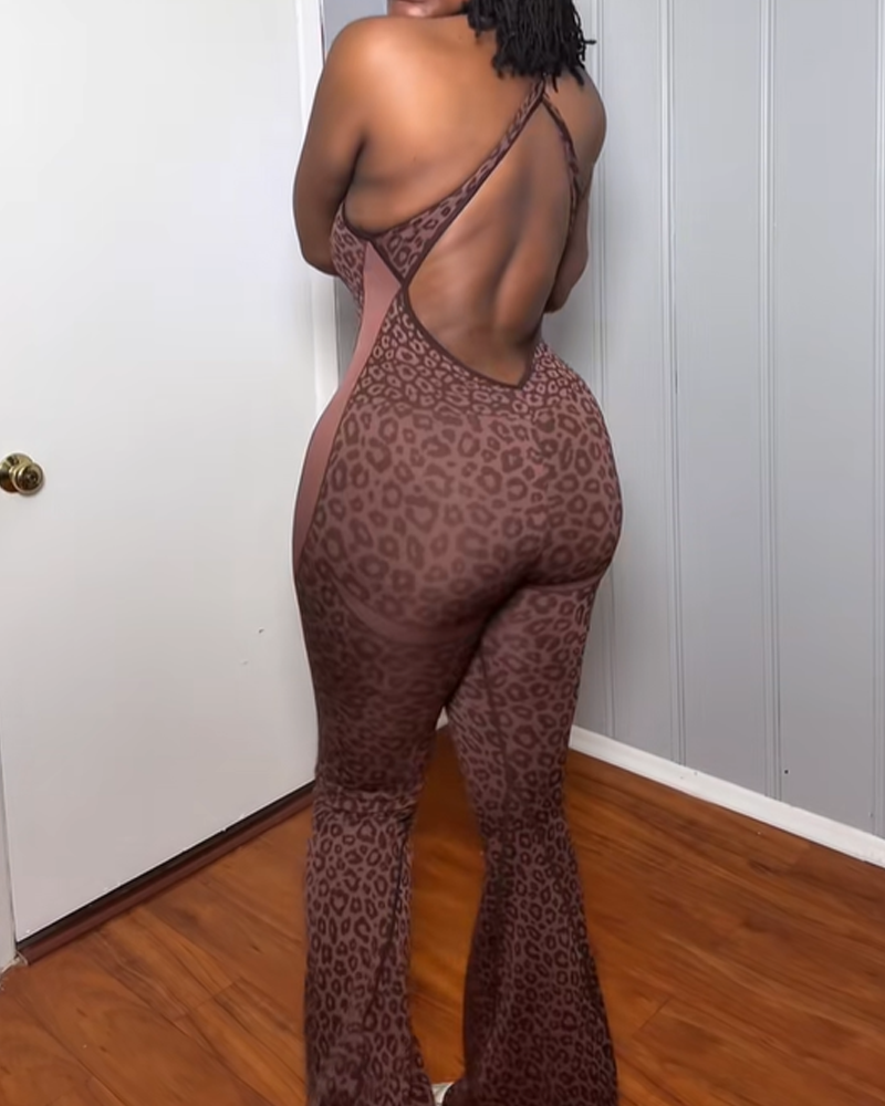 Leopard Print Criss-Cross Backless Seamless Flared Jumpsuit