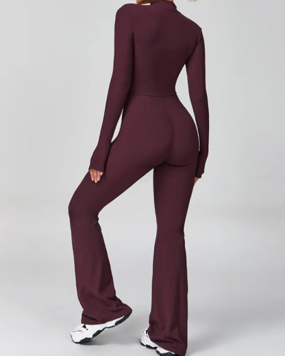 Front Zip Long Sleeve Bodycon Flare Jumpsuit