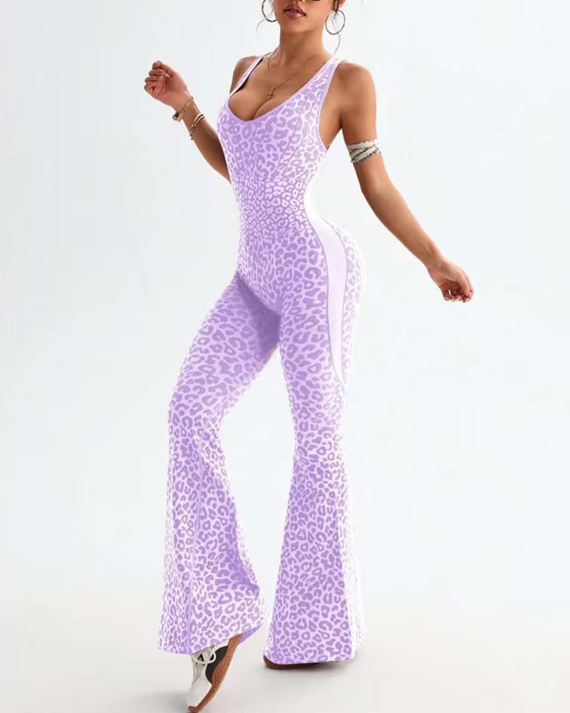 Leopard Print Criss-Cross Backless Seamless Flared Jumpsuit