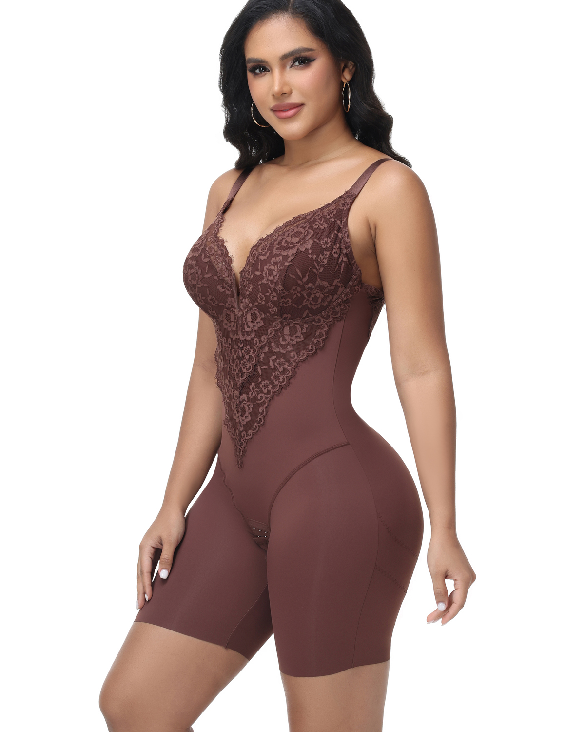 Women's Elegance Lace Bodysuit Deep V Neck Mid-Thigh Shapewear with Hooks