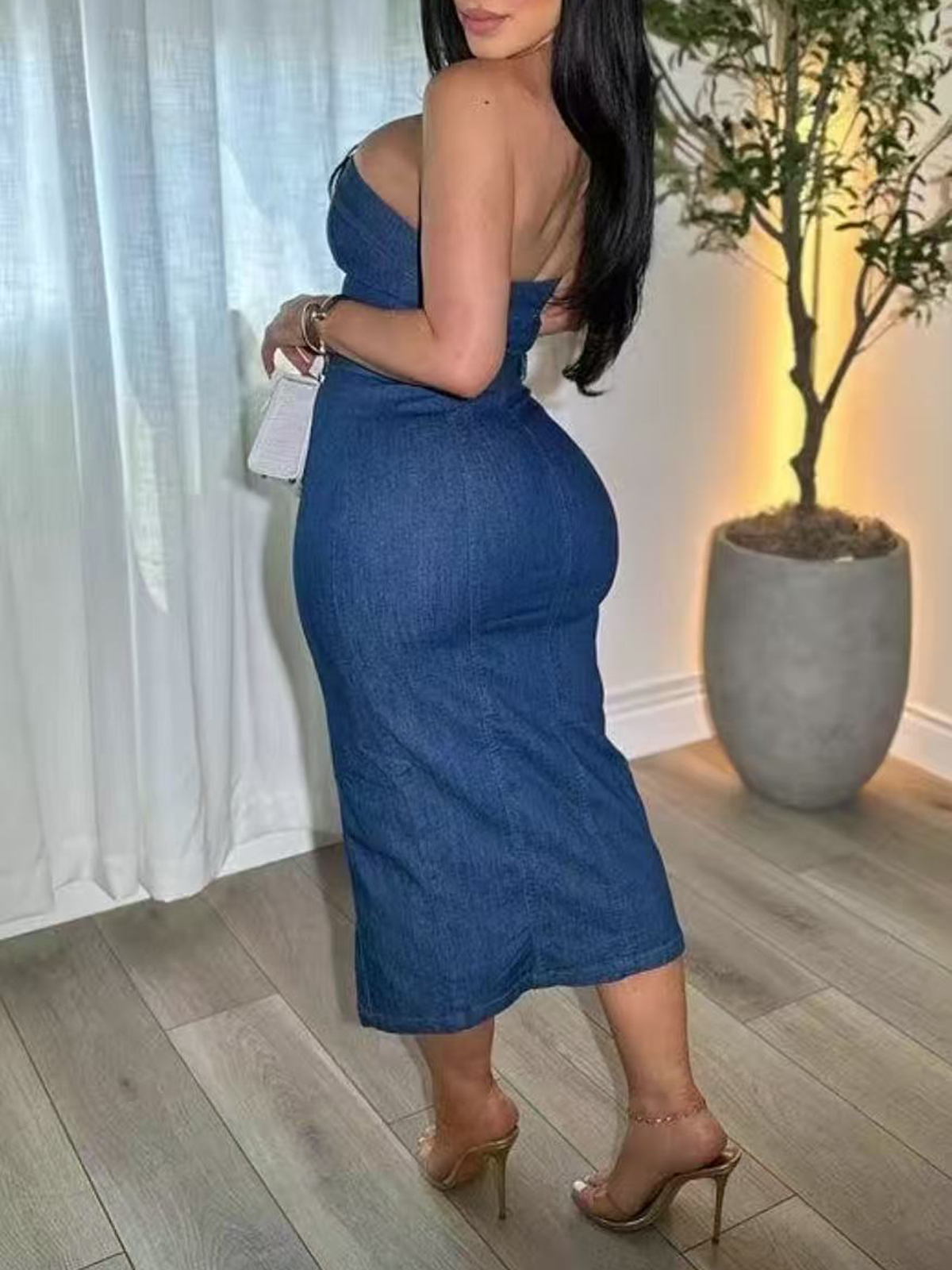 Feminine S-Curve Slim Waist Tube Top Denim Slit Long Skirt