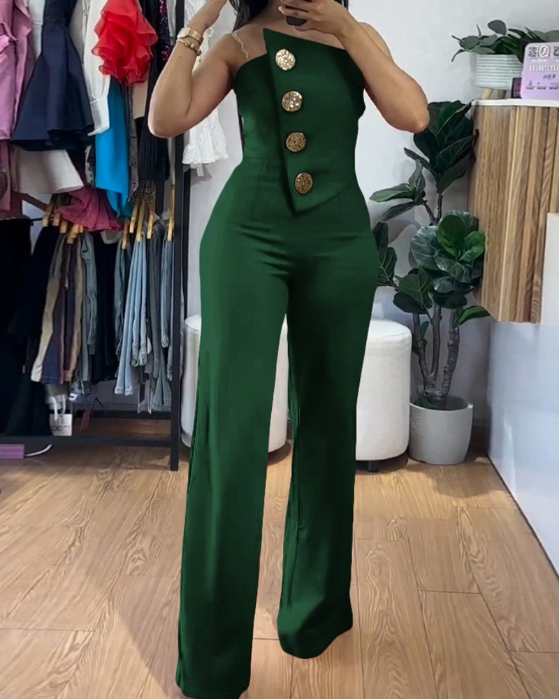 Sexy Tube Top Button-Decorated Flared Jumpsuit