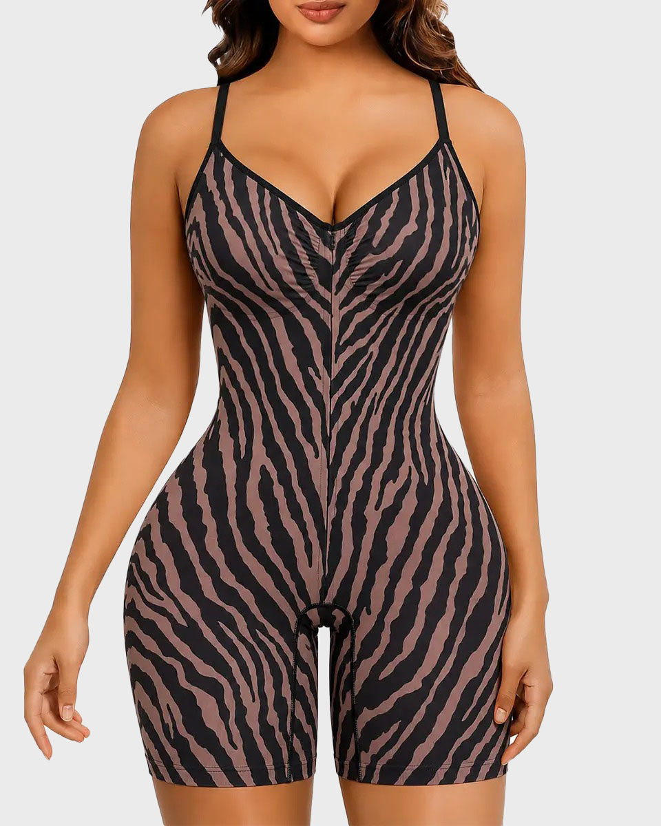 High Compression Zebra Print Zipper Shapewear Bodysuit