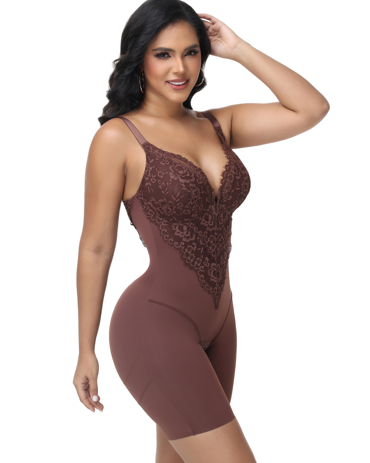 Women's Elegance Lace Bodysuit Deep V Neck Mid-Thigh Shapewear with Hooks