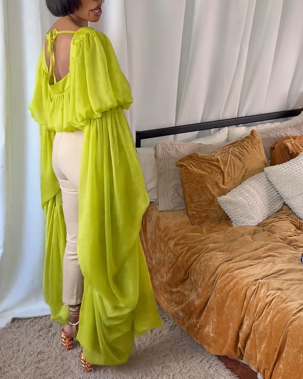 Square Neck Chiffon Ruffled Puff Sleeve Bubble Crop Top