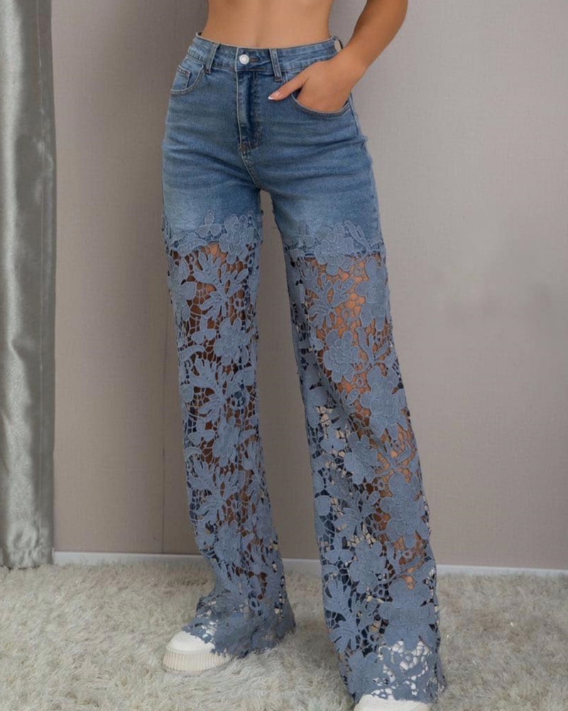 New See Through Lace Slim Straight Leg Jeans