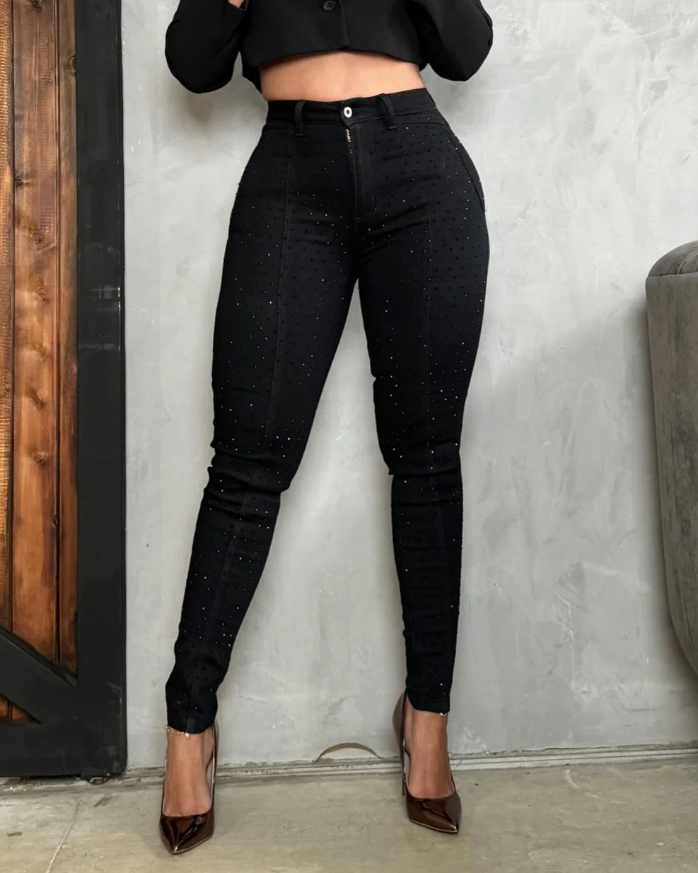 Women Fashion Black Skinny Jeans With Crystals