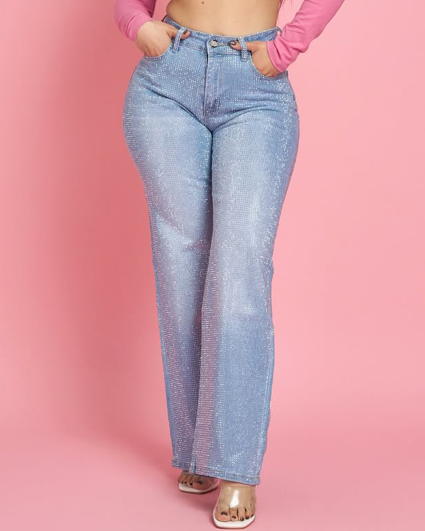 Women's Fashion Rhinestone Shiny Wide Leg Jeans