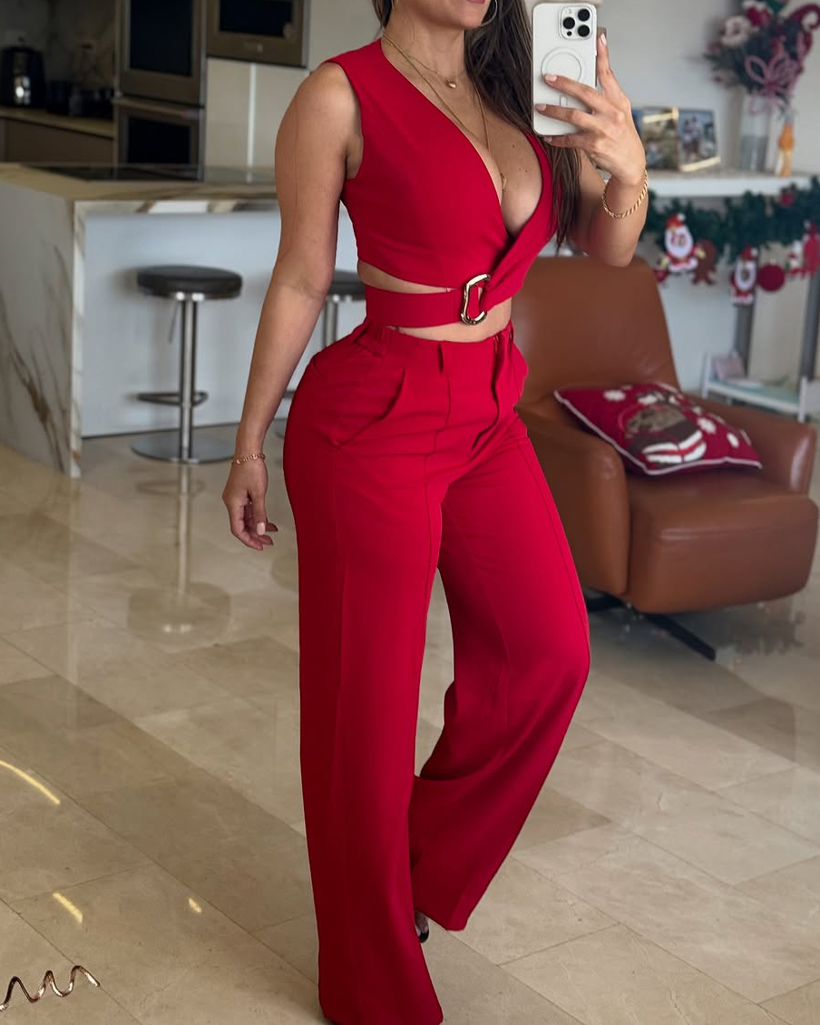 Women's Fashion Sleeveless Wide Leg Pants 2-Piece Set