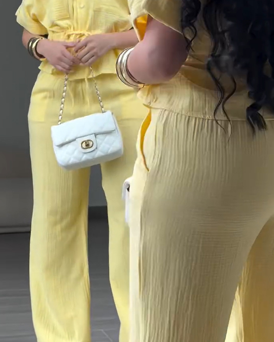 Women's 2 Piece Linen Outfits Short Sleeve Drawstring  Shirts and Wide Leg Pants With Pockets