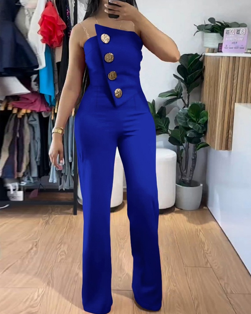Sexy Tube Top Button-Decorated Flared Jumpsuit