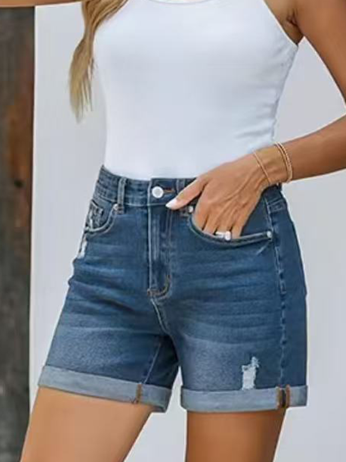 High Waisted Distressed Rolled Up Denim Shorts