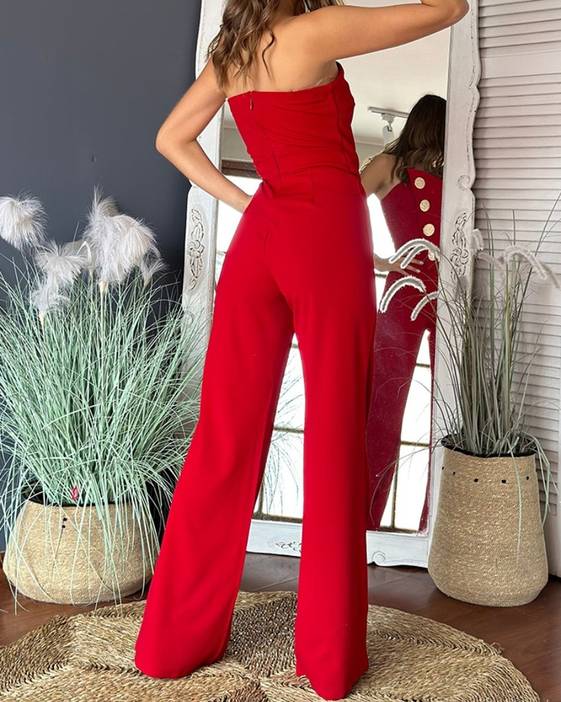 Sexy Tube Top Button-Decorated Flared Jumpsuit