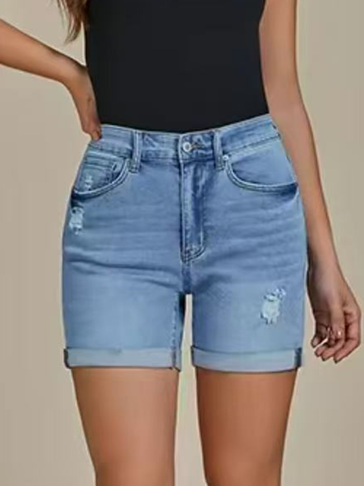 High Waisted Distressed Rolled Up Denim Shorts