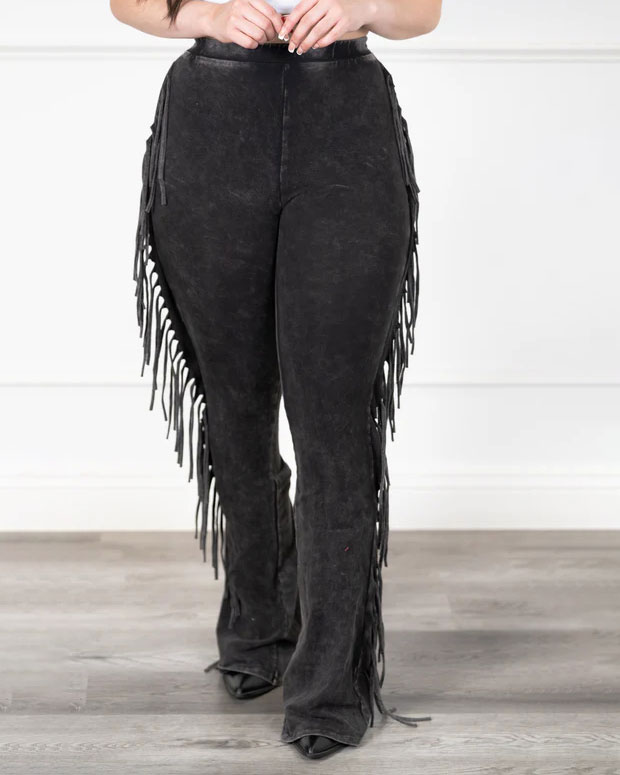 Fringed micro-length casual pants solid color washed cotton pants