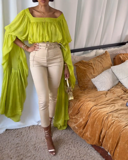 Square Neck Chiffon Ruffled Puff Sleeve Bubble Crop Top