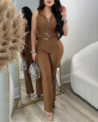 Women's Stand Collar Sleeveless Belted Jumpsuit