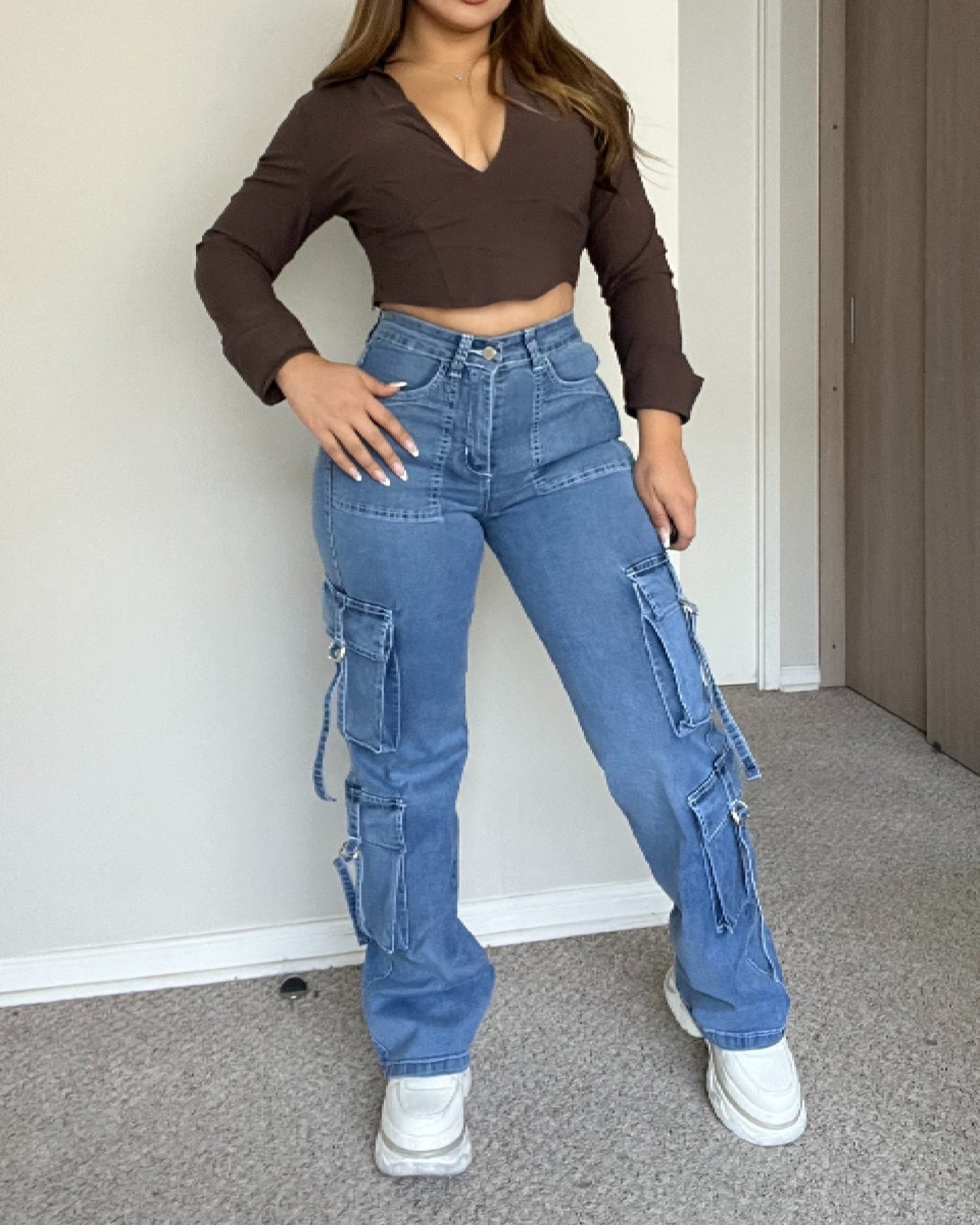 High-Waist Multi-Pocket Cargo Jeans