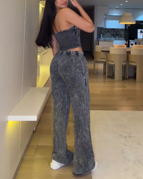 Women's Acid Wash Denim Corset Top and Wide Leg Pants Set