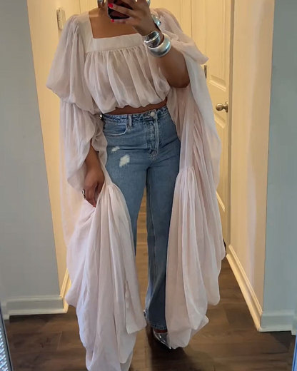 Square Neck Chiffon Ruffled Puff Sleeve Bubble Crop Top
