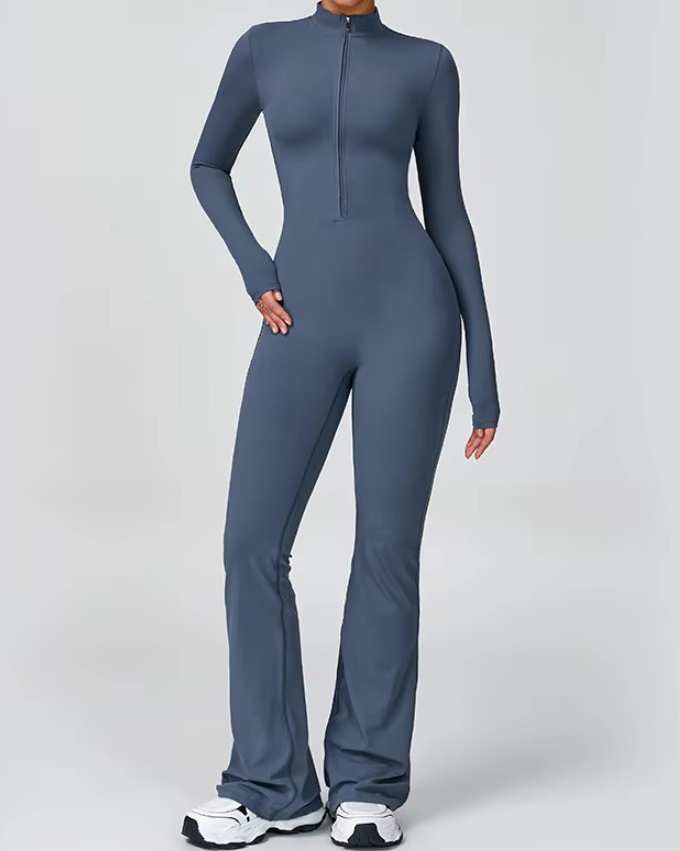 Front Zip Long Sleeve Bodycon Flare Jumpsuit