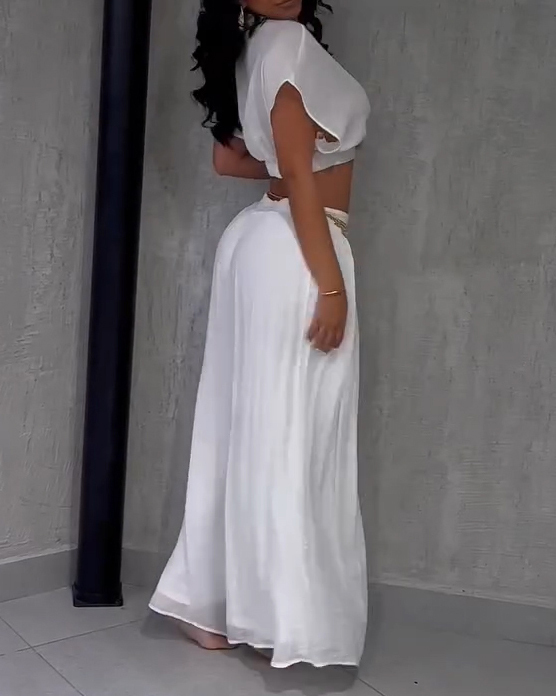 Casual Lapel Cropped Top Wide Leg Pants 2-Piece Set